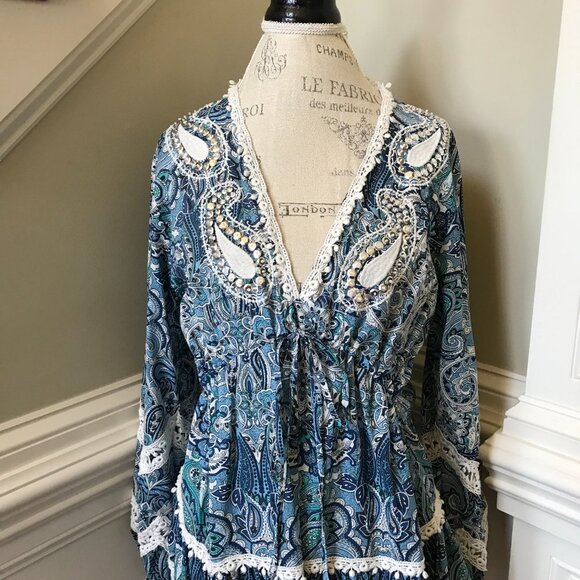 Miss June Kiara Mini Dress Womens Small Medium Blue White Paisley V-Neck Tassels - Picture 3 of 11